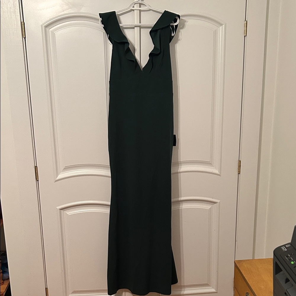 Lulu's Dark Green Ruffle V-Neck Maxi Gown